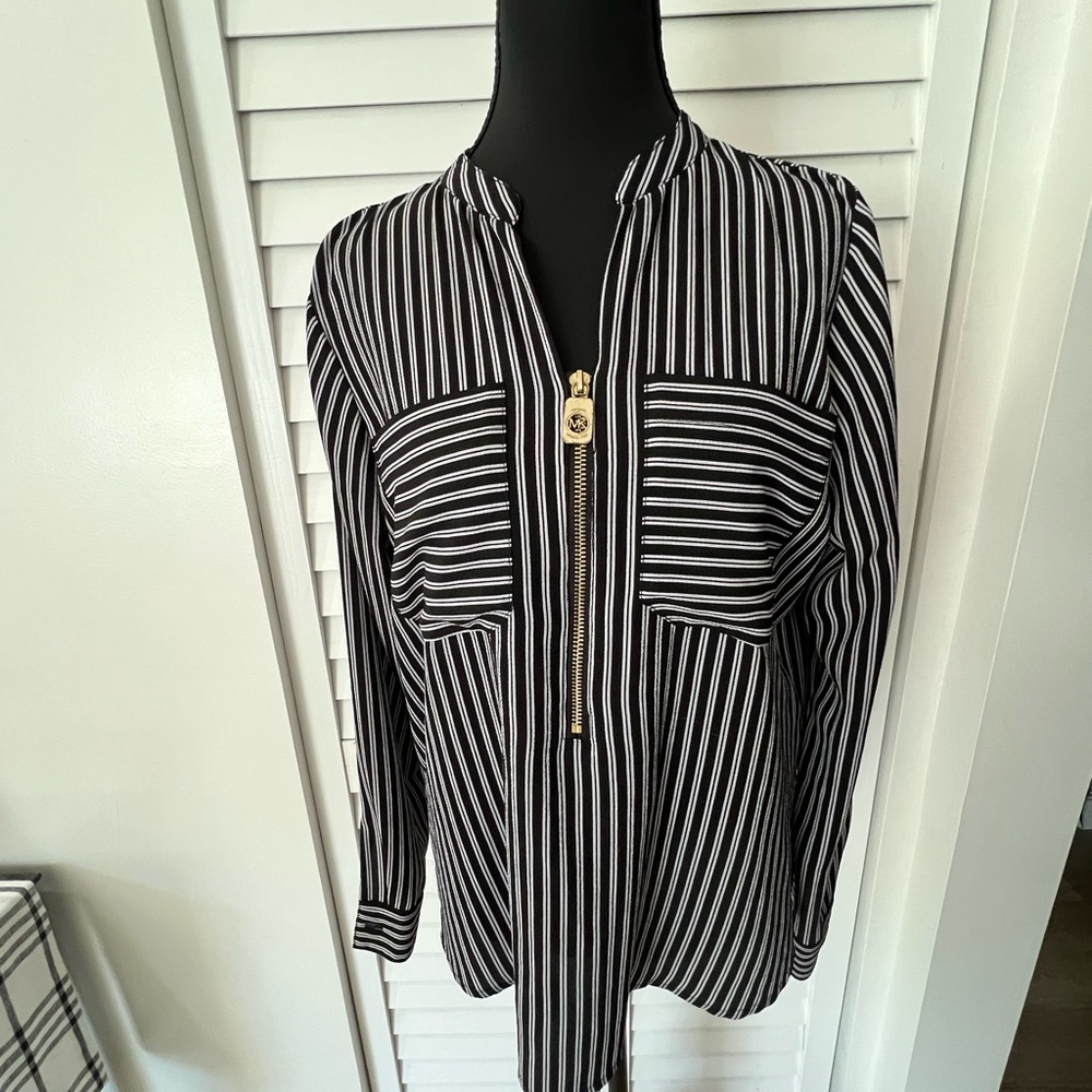 Michael Kors Black and White Striped Top with Gold Accent